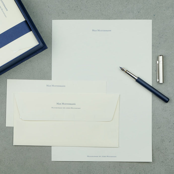 Briefpapierbox personalisiert, Creme Inhalt, Blau